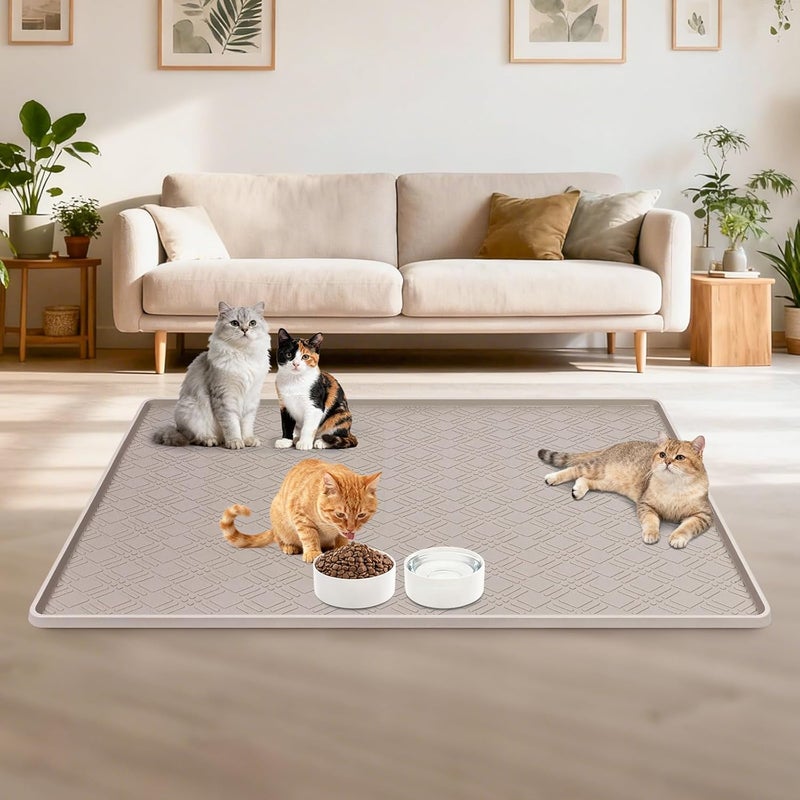 Lanstics Cat Food Mat, 42" x 29" Large Silicone Mat Cat Feeding Mat with Raised Edge Non-Slip Pet Feeding Mat for Food and Water Bowl, Easy to Clean, Floor Protection (Beige) - Image 4